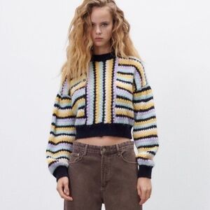 Zara Striped Crochet Sweater Black Pastel Combo Cropped Chunky Knit Size Medium